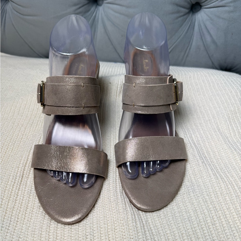 Clarks Ralene-Rose‎ champagne gold leather open-toe strap heeled sandal.